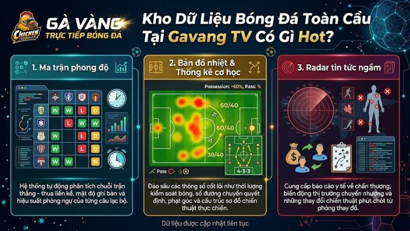 Giao diện số hóa kho dữ liệu bóng đá toàn cầu cực nét trên nền tảng Gavang TV cập nhật thời gian thực.