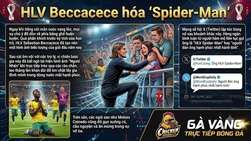 HLV Beccacece hóa "Spider-Man" leo khán đài tìm người thân