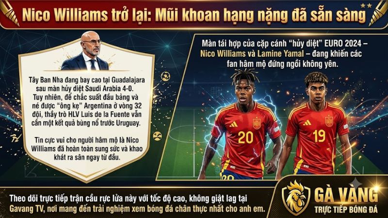 Tiền đạo Nico Williams tập luyện năng nổ chuẩn bị cho trận gặp Uruguay tại World Cup 2026.
